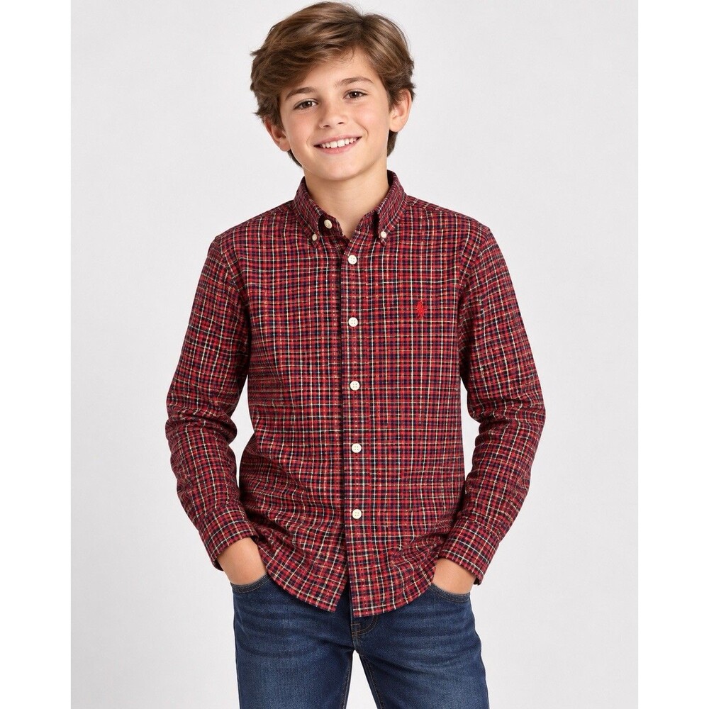 Polo Ralph Lauren Boys M 10/12 Red Navy Plaid Long Sleeve Button Down Shirt